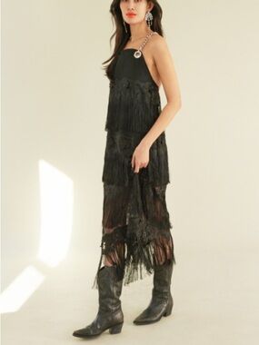 Dylanlex Dlex Tan Chain Strap Fringe Satin Midi Dress Women’s Size XXL NEW